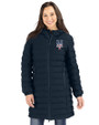 New York Mets Stars & Stripes Cutter & Buck Mission Ridge Repreve Eco Insulated Womens Long Puffer Jacket Navy Blue Front