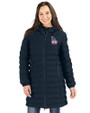 Los Angeles Dodgers Stars & Stripes Cutter & Buck Mission Ridge Repreve Eco Insulated Womens Long Puffer Jacket Navy Blue Front