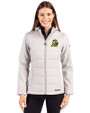 Oregon Ducks Cutter & Buck Evoke Hybrid Softshell Recycled Full Zip Womens Hooded Jacket CONCRETE Front