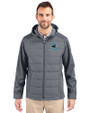 Carolina Panthers Historic Cutter & Buck Evoke Hybrid Softshell Recycled Full Zip Mens Hooded Jacket Elemental Grey Front