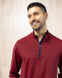 Man wearing a Red/Navy Blue Cutter & Buck Virtue Eco Pique Micro Stripe Recycled Mens Quarter Zip