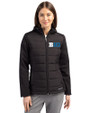 BIG 10 Conference Cutter & Buck Evoke Hybrid Softshell Recycled Full Zip Womens Hooded Jacket Black Front