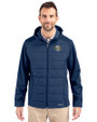 North Carolina Tar Heels College Vault Cutter & Buck Evoke Hybrid Softshell Recycled Full Zip Mens Hooded Jacket Navy Blue Front