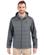 NDSU Bison Cutter & Buck Evoke Hybrid Softshell Recycled Full Zip Mens Hooded Jacket Elemental Grey Front