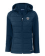 Chicago Bears Mono Cutter & Buck Evoke Hybrid Softshell Recycled Full Zip Womens Hooded Jacket Navy Blue Mannequin