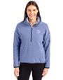 Minnesota Vikings Monochromatic Cutter & Buck Cascade Epic Comfort Recycled Sherpa Fleece Womens Pullover Jacket Hyacinth/Navy Blue Front