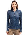 Denver Broncos Mono Cutter & Buck Traverse Stretch Eco Camo Print Quarter Zip Womens Pullover Navy Blue Front