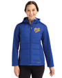 Pitt Panthers College Vault Cutter & Buck Evoke Hybrid Softshell Recycled Full Zip Womens Hooded Jacket Tour Blue Front