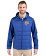 Pitt Panthers College Vault Cutter & Buck Evoke Hybrid Softshell Recycled Full Zip Mens Hooded Jacket Tour Blue Front