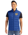 Pitt Panthers College Vault Cutter & Buck Evoke Hybrid Softshell Recycled Mens Full Zip Vest Tour Blue Front