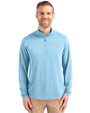 New York Jets Mono Cutter & Buck Virtue Eco Pique Recycled Quarter Zip Mens Pullover Atlas Light Blue Front