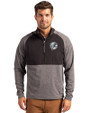 New York Yankees Mono Cutter & Buck Adapt Eco Knit Hybrid Recycled Mens Quarter Zip Black Heather/Black Front