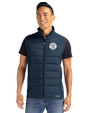 Milwaukee Brewers Mono Cutter & Buck Evoke Hybrid Softshell Recycled Mens Full Zip Vest Navy Blue Front