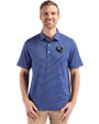 New York Giants NFL Helmet Cutter & Buck Forge Epic Confidence Fine Line Stripe Stretch Recycled Mens Polo Tour Blue/White Front