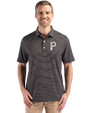 Pittsburgh Pirates Mono Cutter & Buck Forge Epic Confidence Fine Line Stripe Stretch Recycled Mens Polo Black/White Front