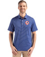 New York Yankees Cooperstown Cutter & Buck Forge Epic Confidence Fine Line Stripe Stretch Recycled Mens Polo Tour Blue/White Front