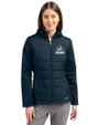 Cleveland Browns Americana Cutter & Buck Evoke Hybrid Softshell Recycled Full Zip Womens Hooded Jacket Navy Blue Front