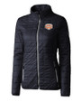 Texas Longhorns 100 Years at DKR Cutter & Buck Rainier Recycled Insulated Puffer Womens Full Zip Jacket Dark Navy/Silver Mannequin