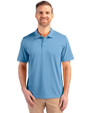 Front profile of a man wearing an Atlas Cutter & Buck Prospect Eco Textured Stretch Recycled Mens Short Sleeve Polo