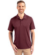 Front profile of a man wearing a Bordeaux Cutter & Buck Prospect Eco Textured Stretch Recycled Mens Short Sleeve Polo
