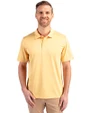 Front profile of a man wearing a Desert Cutter & Buck Prospect Eco Textured Stretch Recycled Mens Short Sleeve Polo