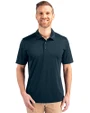 Front profile of a man wearing a Navy Blue Cutter & Buck Prospect Eco Textured Stretch Recycled Mens Short Sleeve Polo