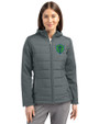 Seattle Sounders FC Cutter & Buck Evoke Hybrid Softshell Recycled Full Zip Womens Hooded Jacket Elemental Grey Front