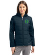 Seattle Sounders FC Cutter & Buck Evoke Hybrid Softshell Recycled Full Zip Womens Hooded Jacket Navy Blue Front