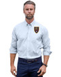Real Salt Lake Cutter & Buck Stretch Oxford Stripe Mens Big and Tall Long Sleeve Dress Shirt Light Blue Front