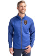 Real Salt Lake Cutter & Buck Adapt Recycled Soft Knit Stretch Mens Hybrid Full Zip Jacket Tour Blue Front