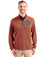New York City FC Cutter & Buck Virtue Eco Pique Micro Stripe Recycled Mens Quarter Zip College Orange/Navy Blue Front