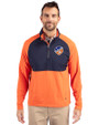 FC Cincinnati Cutter & Buck Adapt Recycled Soft Knit Stretch Mens Hybrid Quarter Zip Pullover  College Orange/Navy Blue Front
