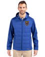 Real Salt Lake Cutter & Buck Evoke Hybrid Softshell Recycled Full Zip Mens Hooded Jacket Tour Blue Front