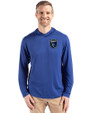 San Jose Earthquakes Cutter & Buck Coastline Epic Comfort Recycled Mens Hooded Shirt Tour Blue Front