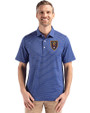 Real Salt Lake Cutter & Buck Forge Epic Confidence Fine Line Stripe Stretch Recycled Mens Polo Tour Blue/White Front