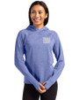 New York Giants Cutter & Buck Adapt Knit Recycled Womens Heathered Hooded Pullover Tour Blue Heather Front