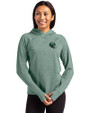 New York Jets NFL Helmet Cutter & Buck Adapt Knit Recycled Womens Heathered Hooded Pullover Hunter Heather Front