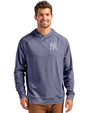 New York Yankees Cutter & Buck Adapt Knit Recycled Mens Heathered Hooded Pullover Navy Blue Heather Front
