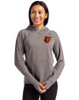 Baltimore Orioles Cooperstown Cutter & Buck Adapt Knit Recycled Womens Heathered Hooded Pullover Black Heather Front