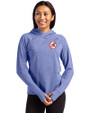 New York Yankees Cooperstown Cutter & Buck Adapt Knit Recycled Womens Heathered Hooded Pullover Tour Blue Heather Front