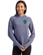 Seattle Sounders FC Cutter & Buck Adapt Knit Recycled Womens Heathered Hooded Pullover Navy Blue Heather Front