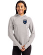 San Jose Earthquakes Cutter & Buck Adapt Knit Recycled Womens Heathered Hooded Pullover Polished Heather Front