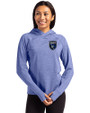 San Jose Earthquakes Cutter & Buck Adapt Knit Recycled Womens Heathered Hooded Pullover Tour Blue Heather Front