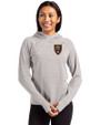Real Salt Lake Cutter & Buck Adapt Knit Recycled Womens Heathered Hooded Pullover Polished Heather Front
