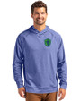 Seattle Sounders FC Cutter & Buck Adapt Knit Recycled Mens Heathered Hooded Pullover Tour Blue Heather Front