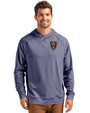 Real Salt Lake Cutter & Buck Adapt Knit Recycled Mens Heathered Hooded Pullover Navy Blue Heather Front