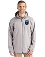 San Jose Earthquakes Cutter & Buck Camano Everyday Stretch Recycled Mens Water Resistant Jacket Polished Medium Gray Front