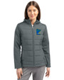 Minnesota Twins City Connect Cutter & Buck Evoke Hybrid Softshell Recycled Full Zip Womens Hooded Jacket Elemental Grey Front