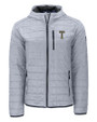 GA Tech Yellow Jackets College Vault Cutter & Buck Rainier Recycled Insulated Puffer Mens Full Zip Hooded Jacket Polished Medium Gray Mannequin