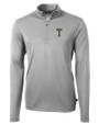GA Tech Yellow Jackets College Vault Cutter & Buck Virtue Eco Pique Recycled Quarter Zip Mens Pullover Polished Medium Gray Mannequin